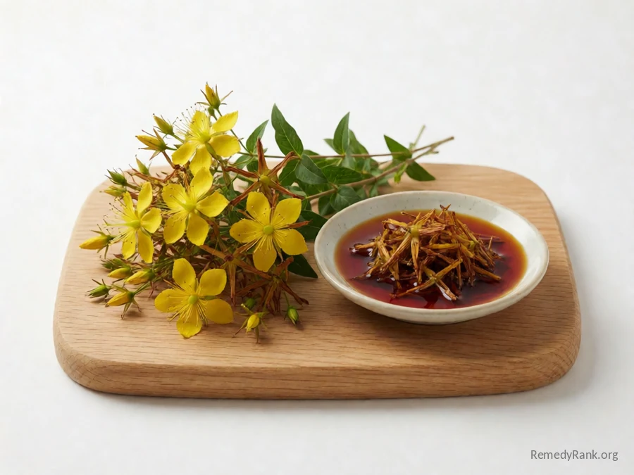 Fresh St. John's Wort flowers beside a dish of deep red infused oil.