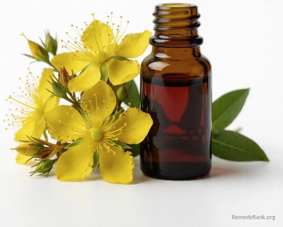 A cluster of yellow, five-petalled St. John's Wort flowers rests beside a small dark bottle of red-tinged oil.
