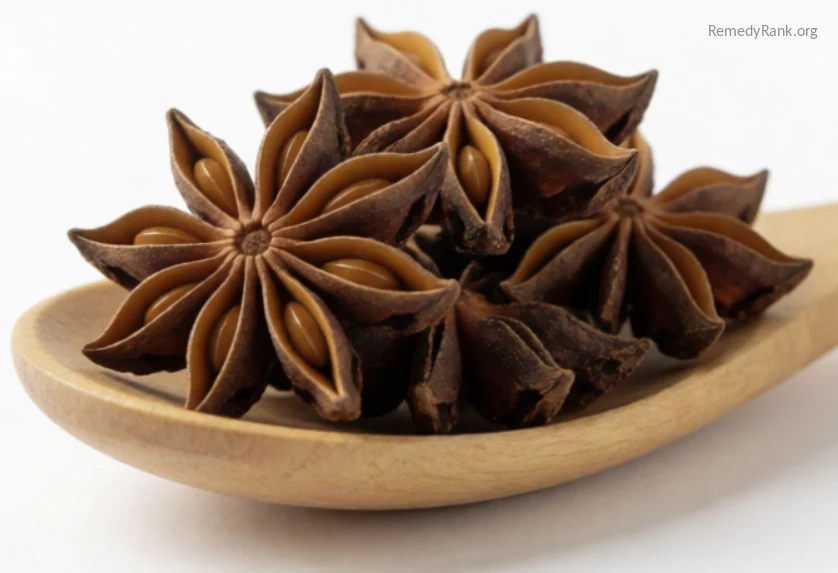 A small pile of dark brown, star-shaped star anise pods resting on a plain wooden spoon.
