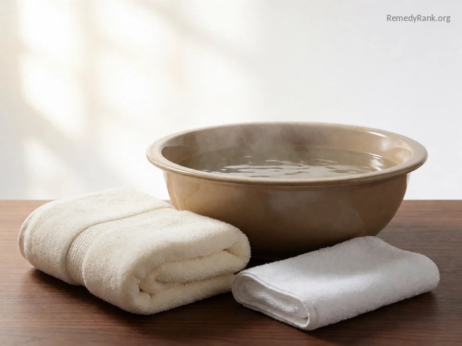 A large basin of steaming water next to a folded towel.