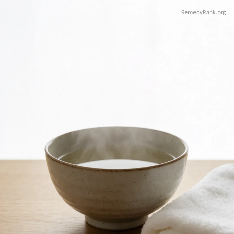 A ceramic bowl of steaming hot water next to a folded white towel.