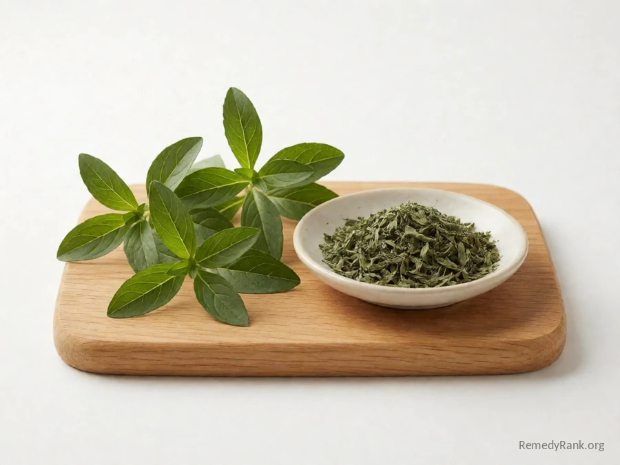 Fresh stevia leaves beside a dish of dried stevia leaf.