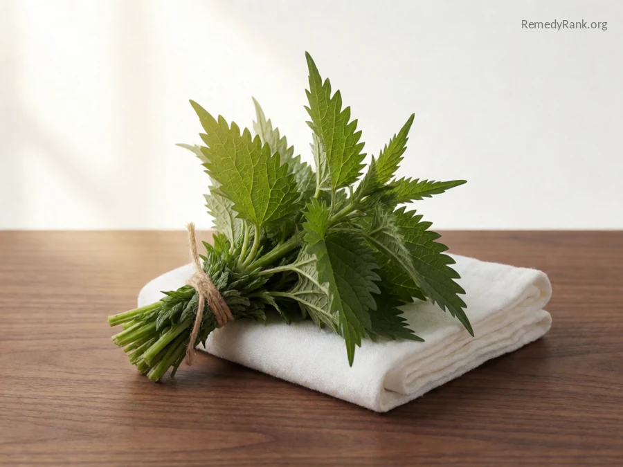 A small bundle of fresh nettle leaves tied with twine.