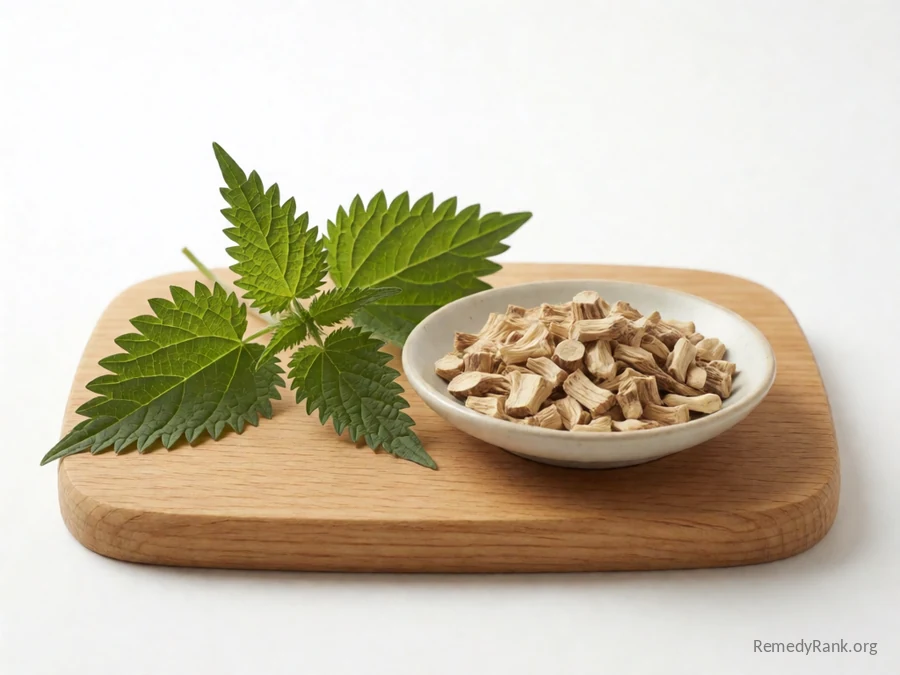 Stinging nettle root and leaves beside a dish of dried cut nettle root.