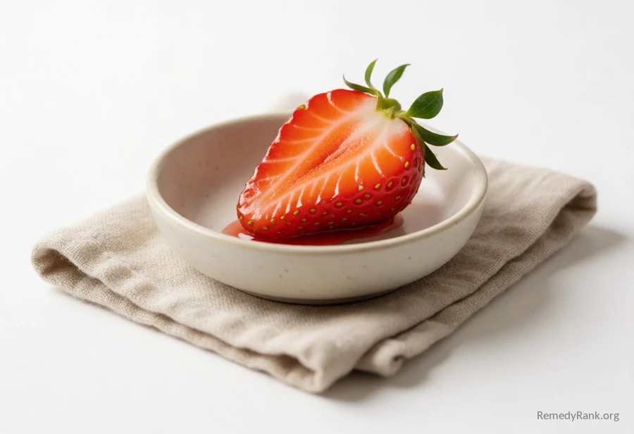 A halved ripe strawberry with its seeded red flesh.