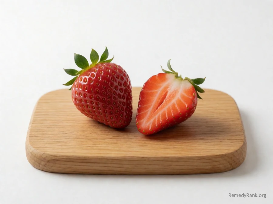 A whole strawberry beside a cut half showing its pale red flesh.