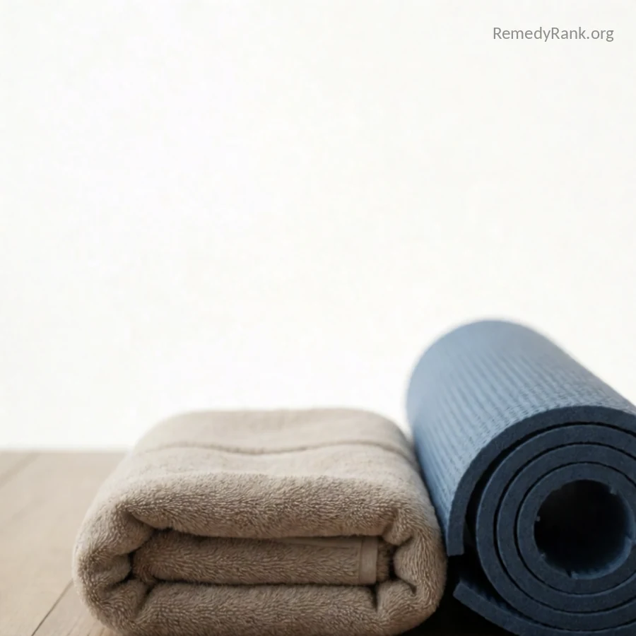 A neatly rolled blue yoga mat beside a folded towel on a wooden floor.