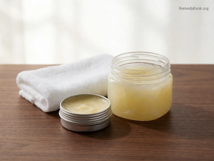 A small tin of pale yellow ointment next to an open jar of petroleum jelly.