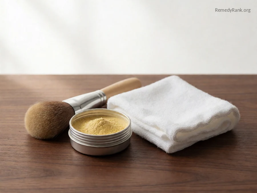 A small tin of fine yellow powder next to a soft dusting brush.