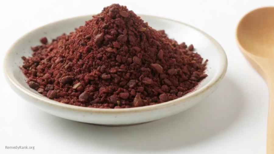 Deep red ground sumac spice mounded in a small ceramic dish beside a plain wooden spoon.