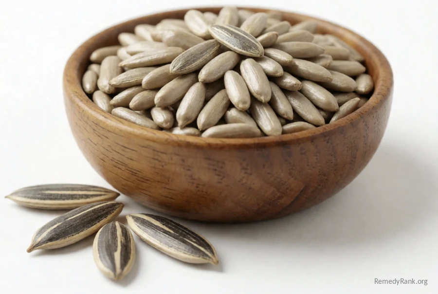 A wooden bowl of hulled sunflower seeds sits beside a few whole seeds still in their striped shells.
