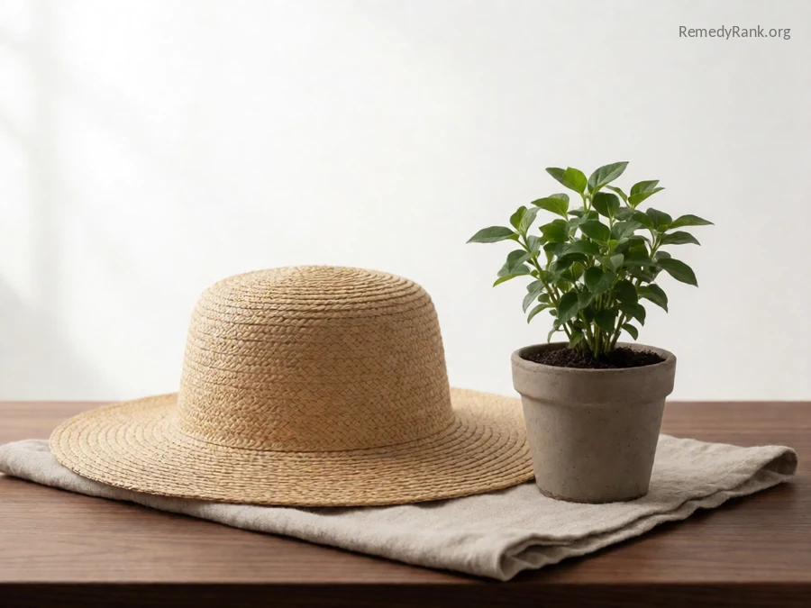 A wide-brimmed straw hat beside a small potted seedling.