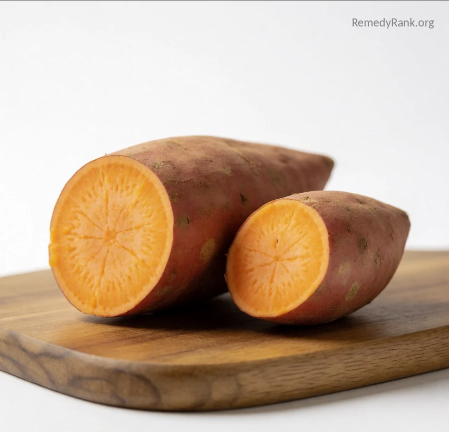 A sweet potato sliced in half to reveal its orange flesh rests beside a smaller whole sweet potato.