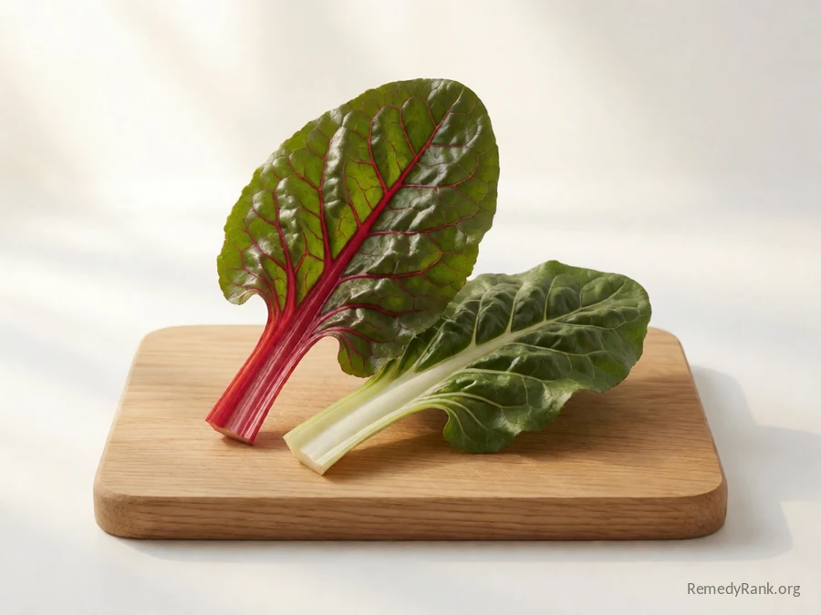 A whole Swiss chard leaf and stalk beside a stalk cut to show its pale flesh.