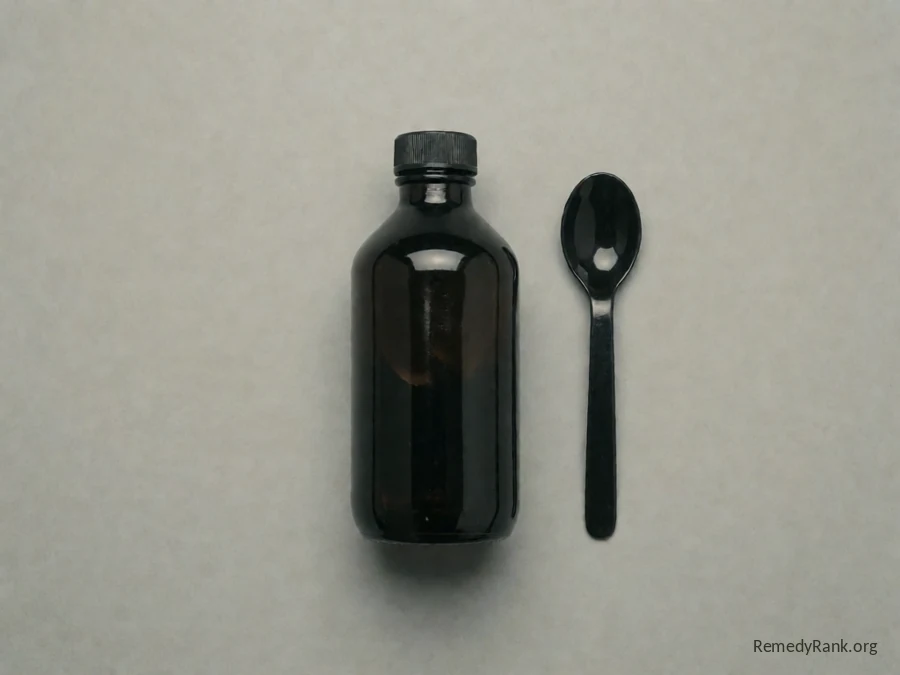 A plain dark glass bottle of ipecac syrup and a dosing spoon, photographed plainly on a neutral grey background.