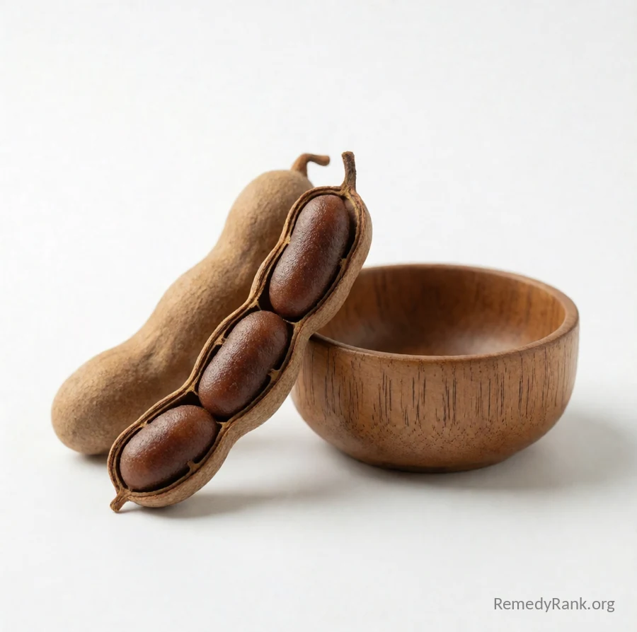 A split tamarind pod revealing sticky brown pulp resting beside a small plain wooden bowl.