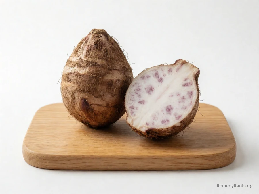 A whole taro root beside a cut half showing its purple-flecked flesh.