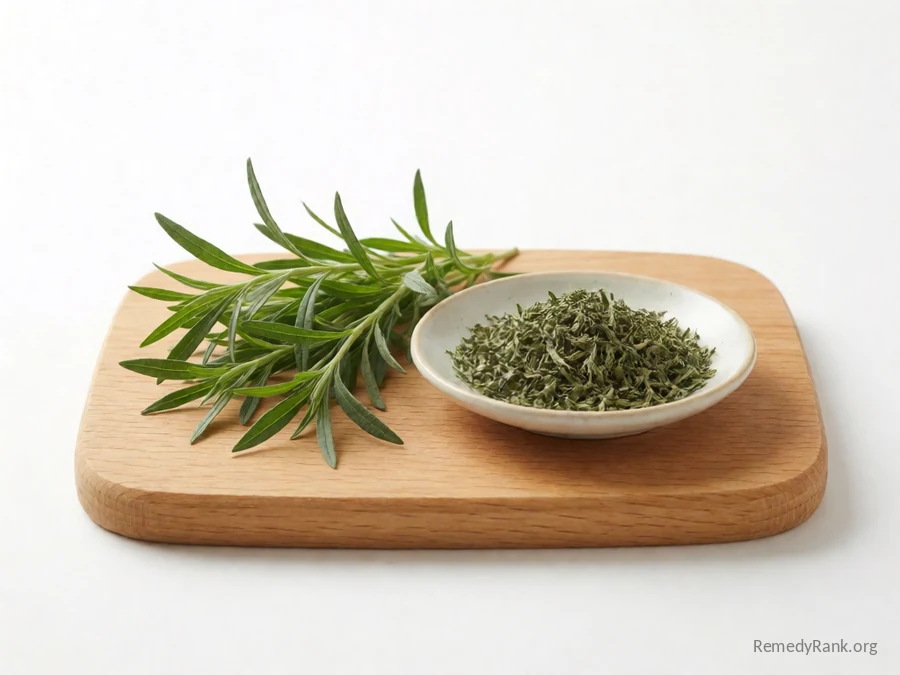 Fresh tarragon sprigs beside a dish of dried tarragon leaf.