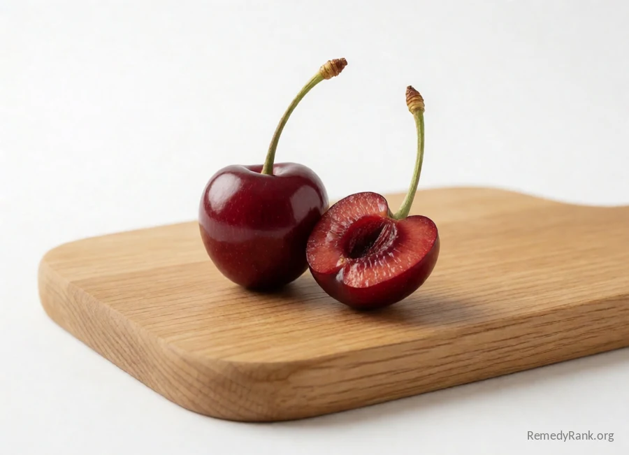 A whole tart cherry beside a cut half showing its red flesh and pit.