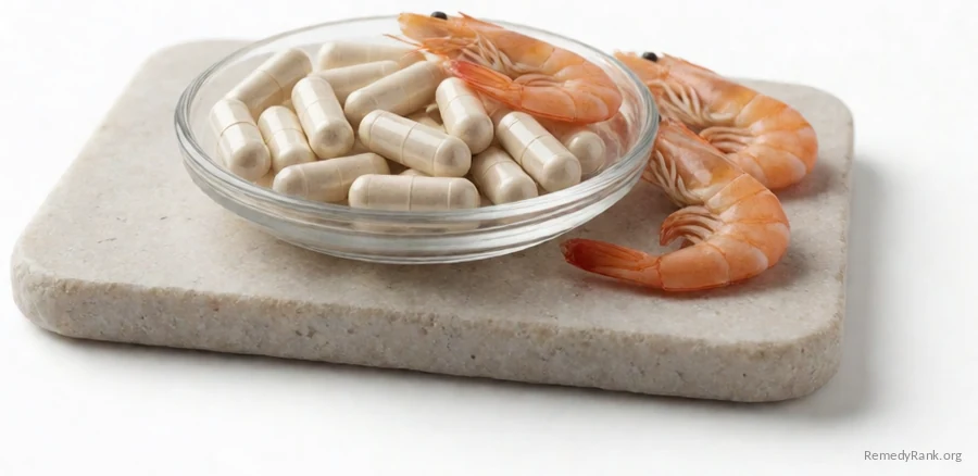 White oblong capsules beside a few whole shrimp.