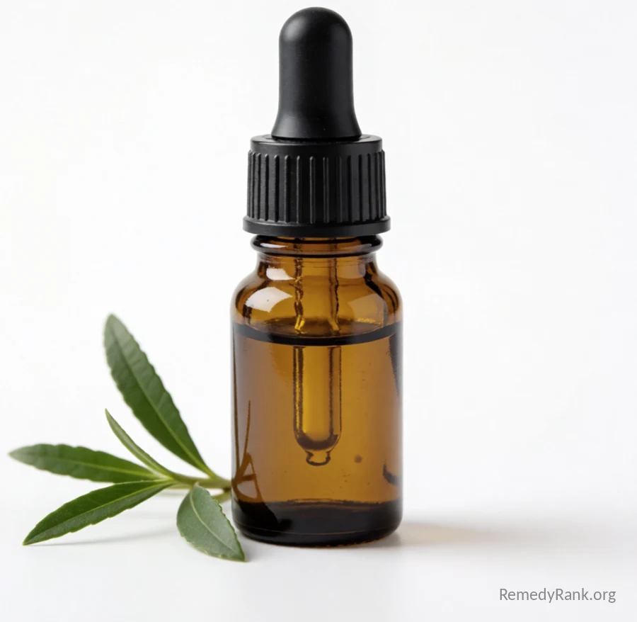 A small amber dropper bottle of tea tree oil next to a few narrow green leaves.