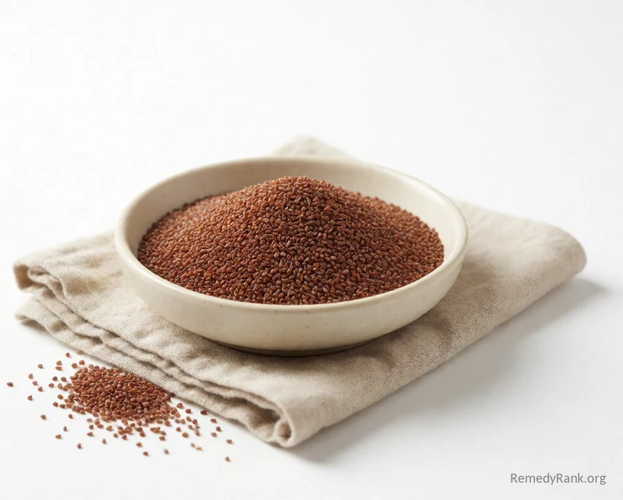 A small mound of tiny reddish-brown teff grains.