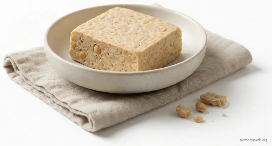 A block of pale tempeh with visible whole soybeans.