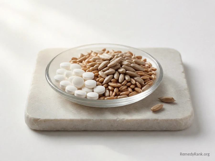 Small white tablets beside sunflower seeds and whole wheat grains.