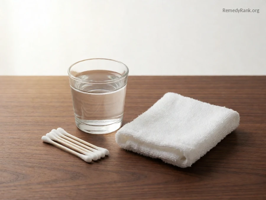 A small glass of baking-soda water next to a few cotton swabs.