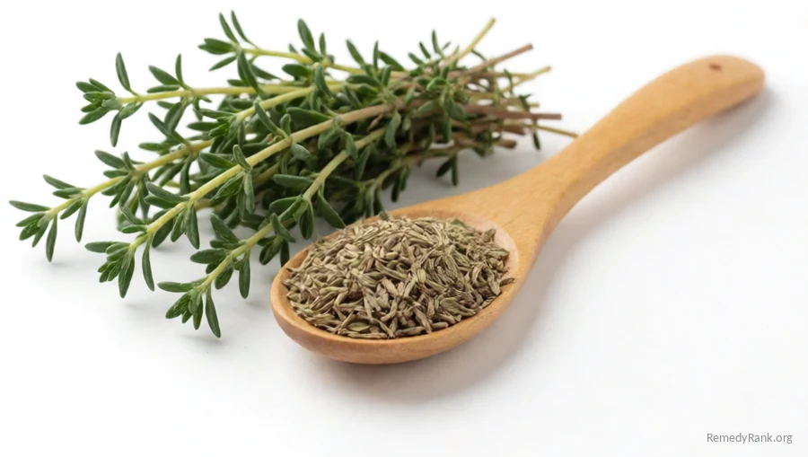 A bundle of fresh thyme sprigs beside a wooden spoon of dried thyme leaves.