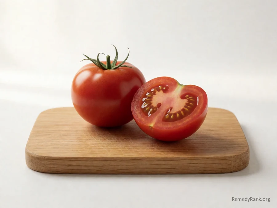 A whole tomato beside a cut half showing its juicy red flesh.
