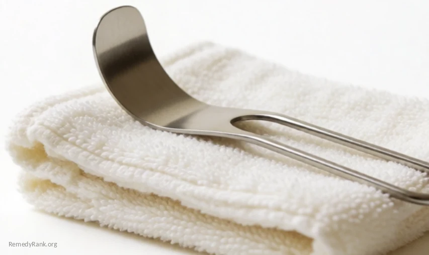 A small curved stainless-steel tongue scraper resting on a folded white washcloth.