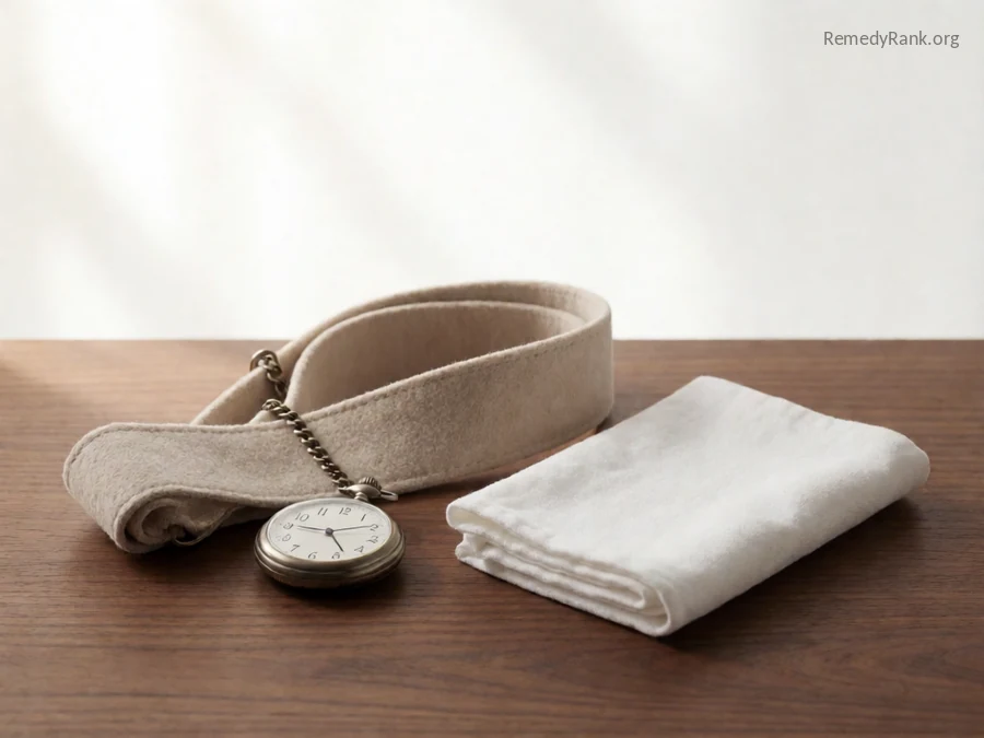 A wide cloth strap in a loose loop next to a small pocket watch.