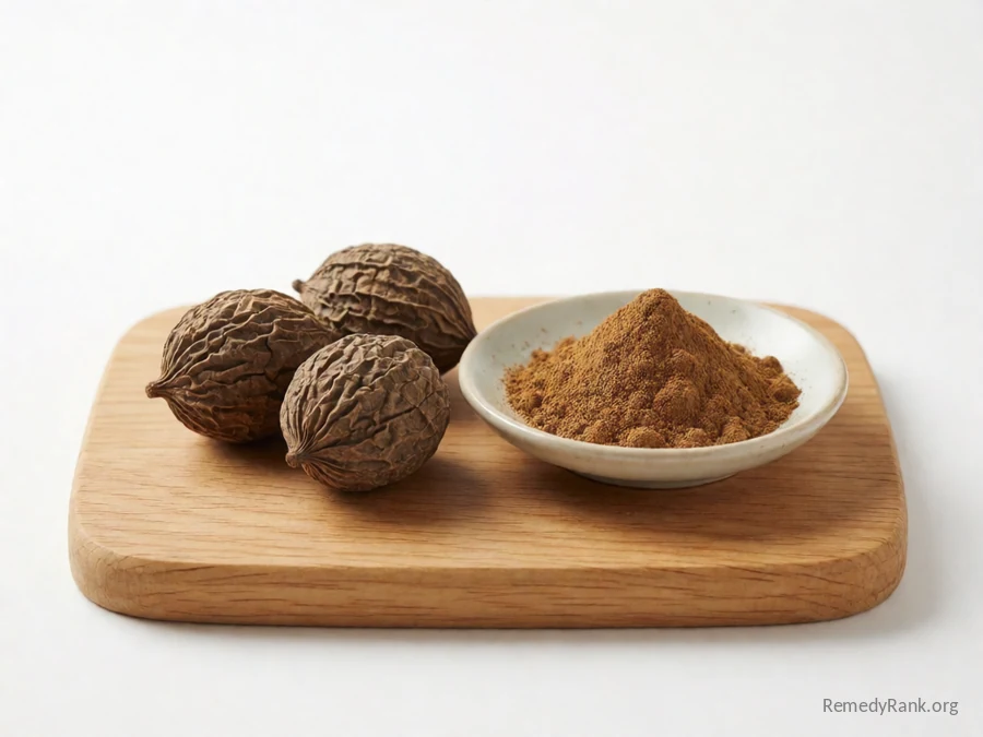 The three dried triphala fruits beside a dish of brown triphala powder.