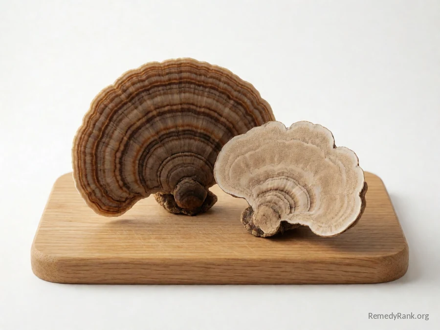 A whole turkey tail bracket fungus beside a piece showing its pale underside.