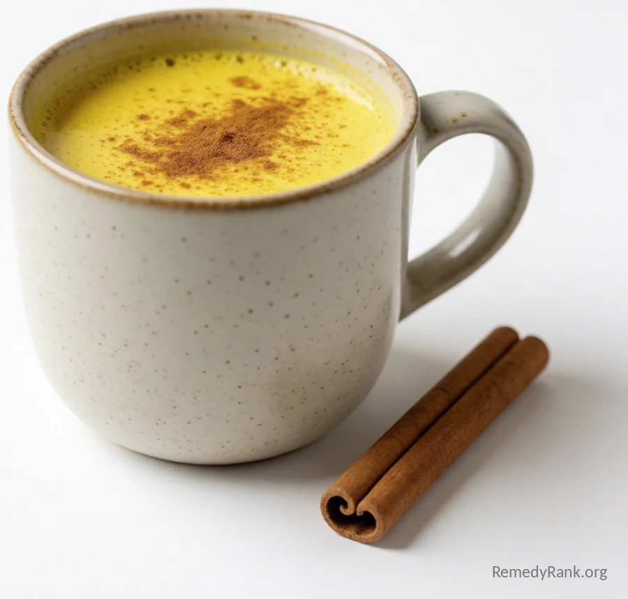 A ceramic mug of golden turmeric milk topped with a light dusting of cinnamon, beside a cinnamon stick.
