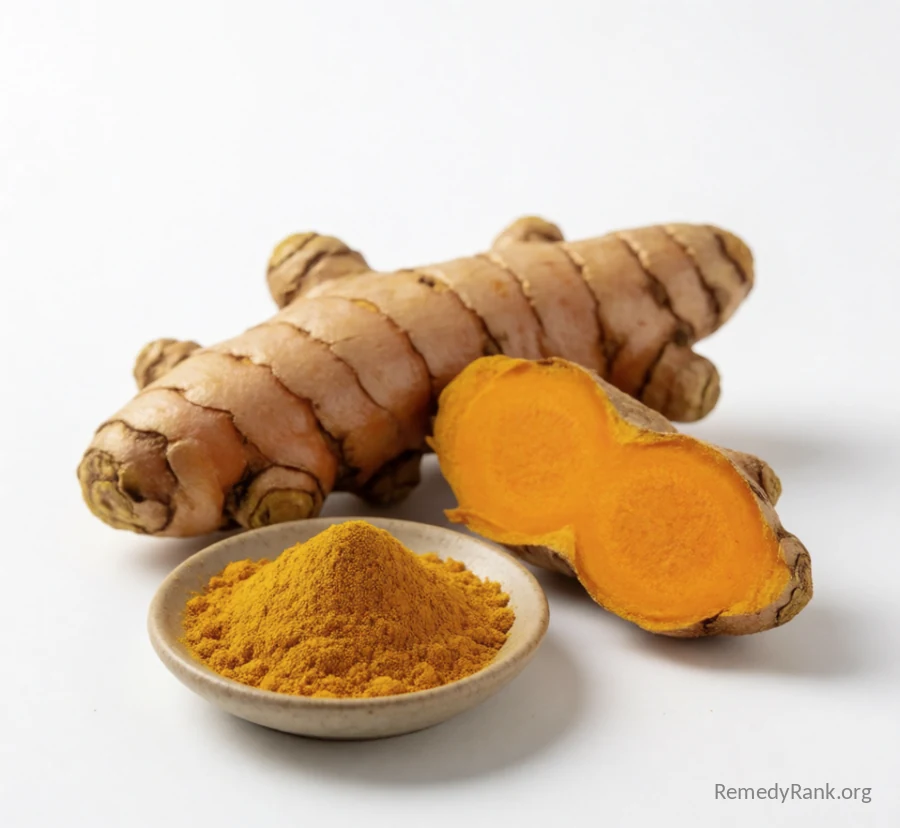 A knobby turmeric root sliced open next to a small dish of bright orange-yellow turmeric powder.