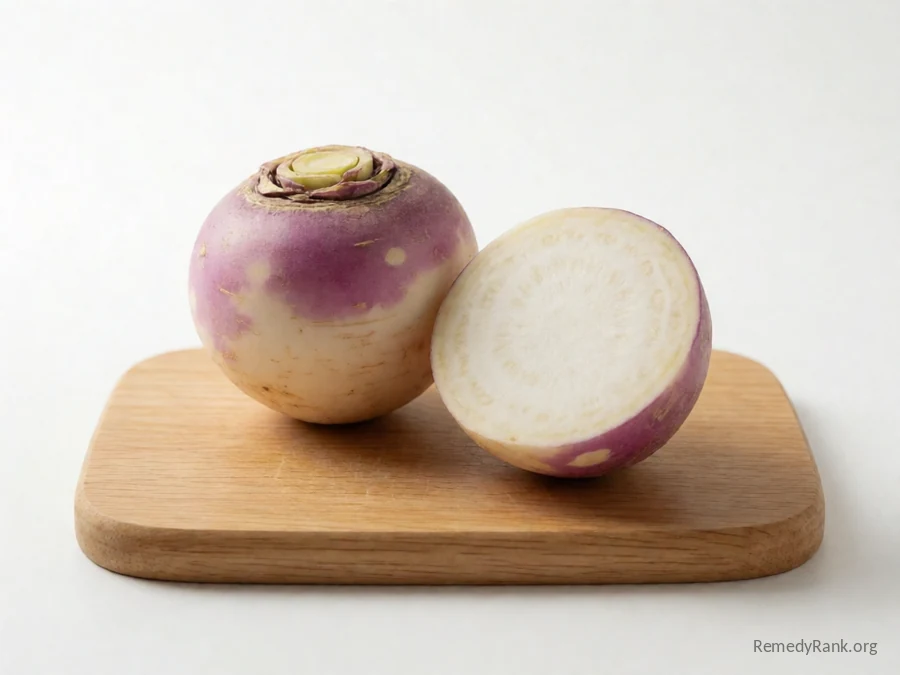 A whole turnip beside a cut half showing its white flesh.