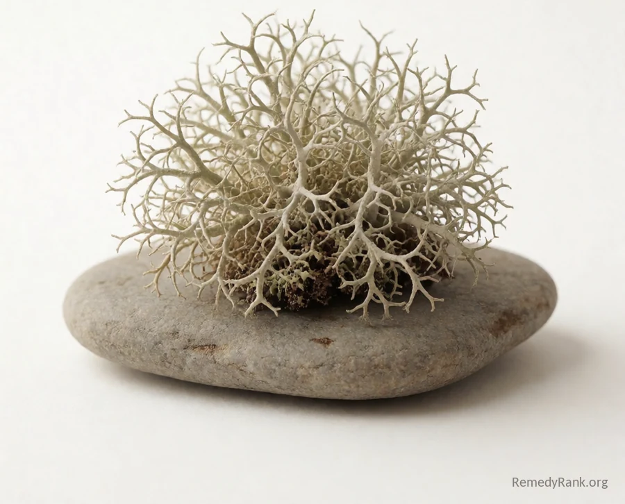A small tangled cluster of pale grey-green wispy usnea lichen resting on a flat grey stone.