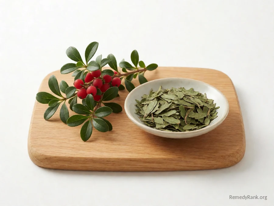 Fresh uva ursi leaves and berries beside a dish of dried uva ursi leaf.