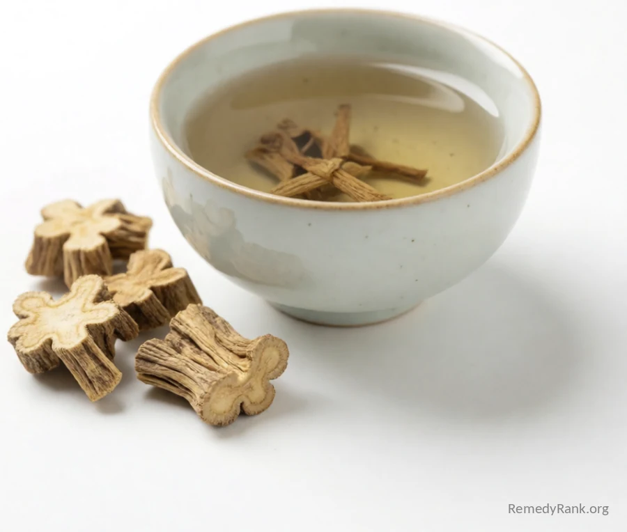 Dried tan valerian root pieces next to a ceramic cup of pale valerian tea.