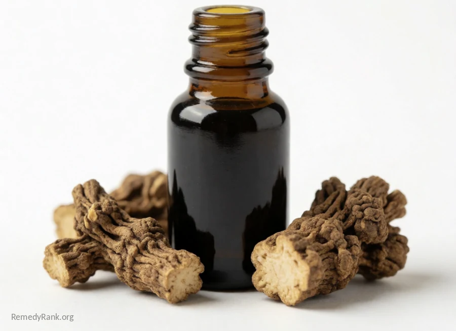 A few pieces of gnarled brown valerian root rest beside a small dark glass tincture bottle.