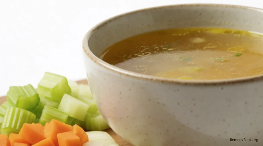 A ceramic bowl of golden vegetable broth next to chopped carrot, celery, and onion.