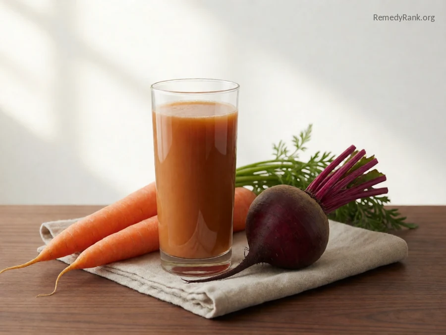 A tall glass of fresh vegetable juice next to whole carrots and beets.