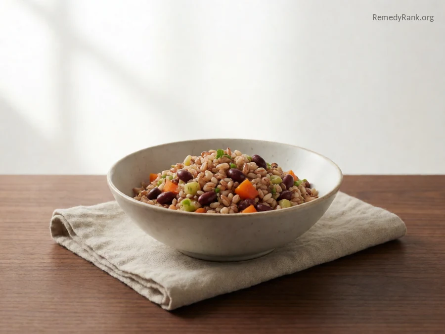 A bowl of mixed grains, beans, and fresh vegetables.