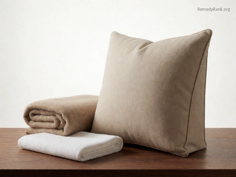 A firm wedge-shaped cushion next to a folded throw.