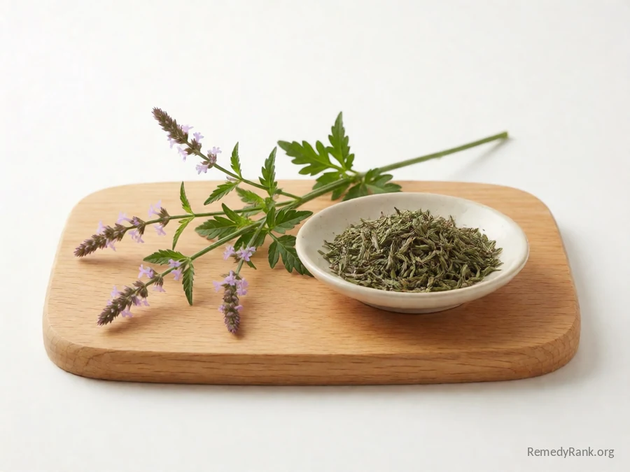 Fresh vervain with small purple flower spikes beside a dish of dried vervain.