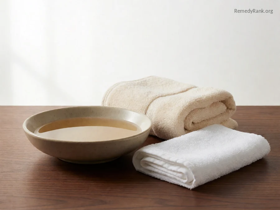 A shallow basin of vinegar-water next to a folded towel.
