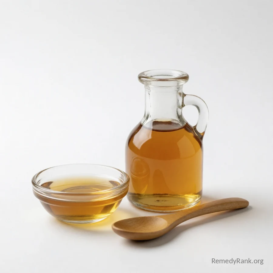 A small glass bottle of amber apple cider vinegar sits beside a small glass dish and a wooden spoon.