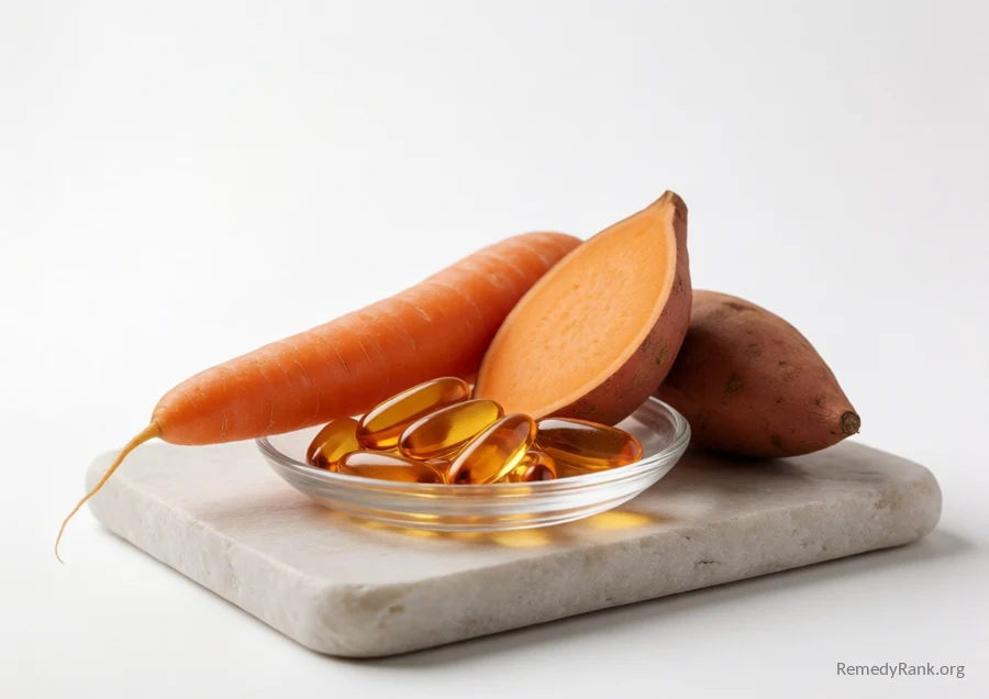 Orange softgel capsules beside a whole carrot and a wedge of sweet potato.